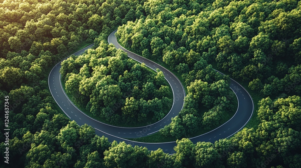 A winding road through a forest. A winding road through a forest.