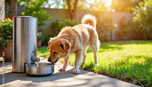 Happy dog drinking from automatic waterer in sunny garden, convenience photo