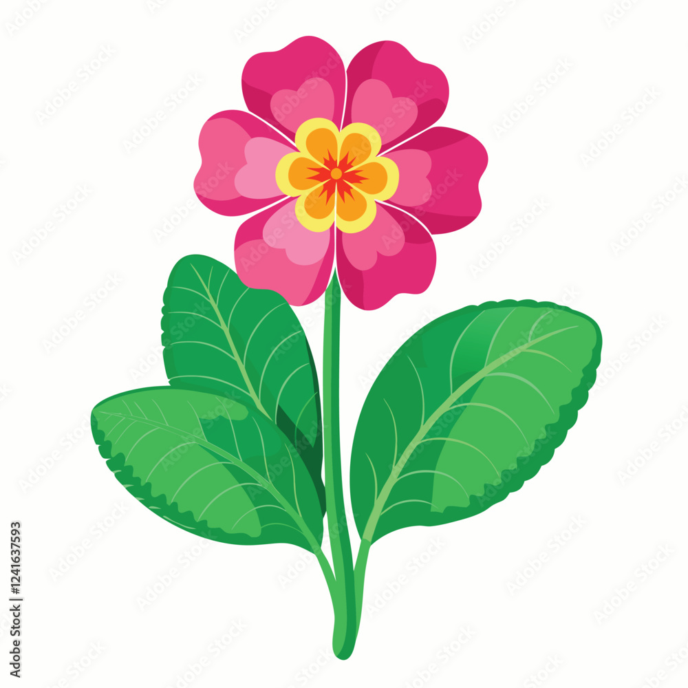 Obraz premium A vibrant pink flower with yellow details and green leaves, ideal for decoration or design.