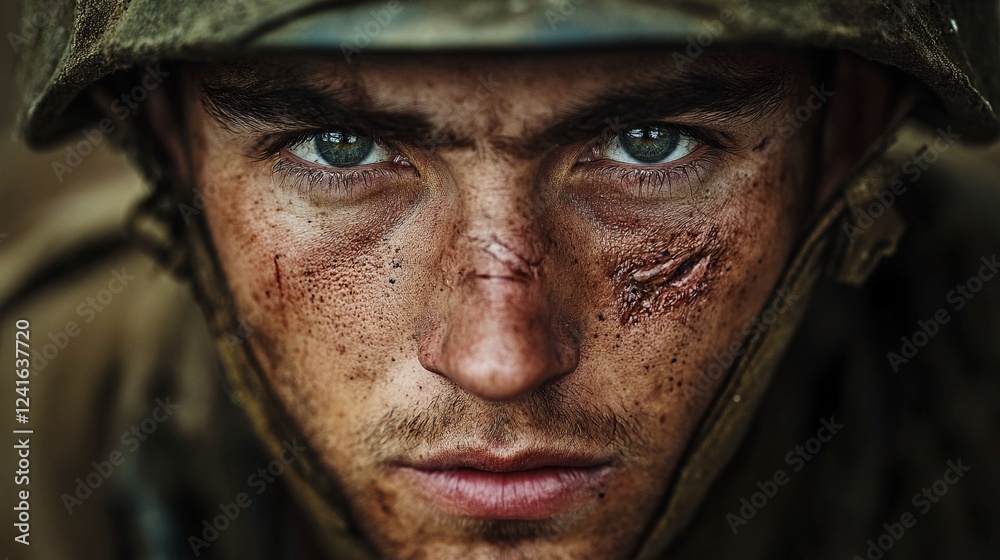 A close-up of an actor portraying a soldier's face after being injured in combat. A close-up of an actor portraying a soldier's face after being injured in combat.