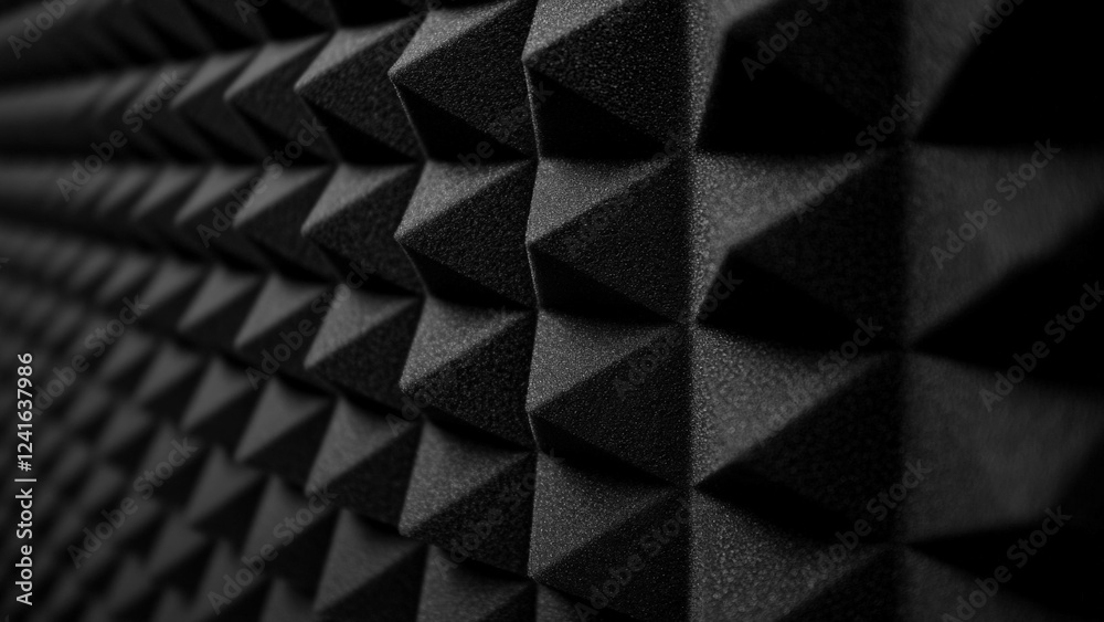 close-up of black acoustic foam panels with pyramid pattern, soundproofing, noise control, modern acoustic design