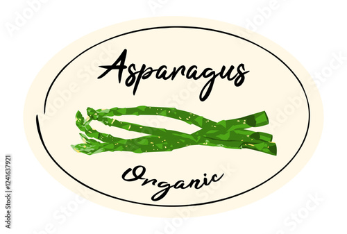 Asparagus oval logo sticker. Oval label with green sparrow grass asparagus on beige background. Ready design for packaging tag. Seasonal badge for your product.