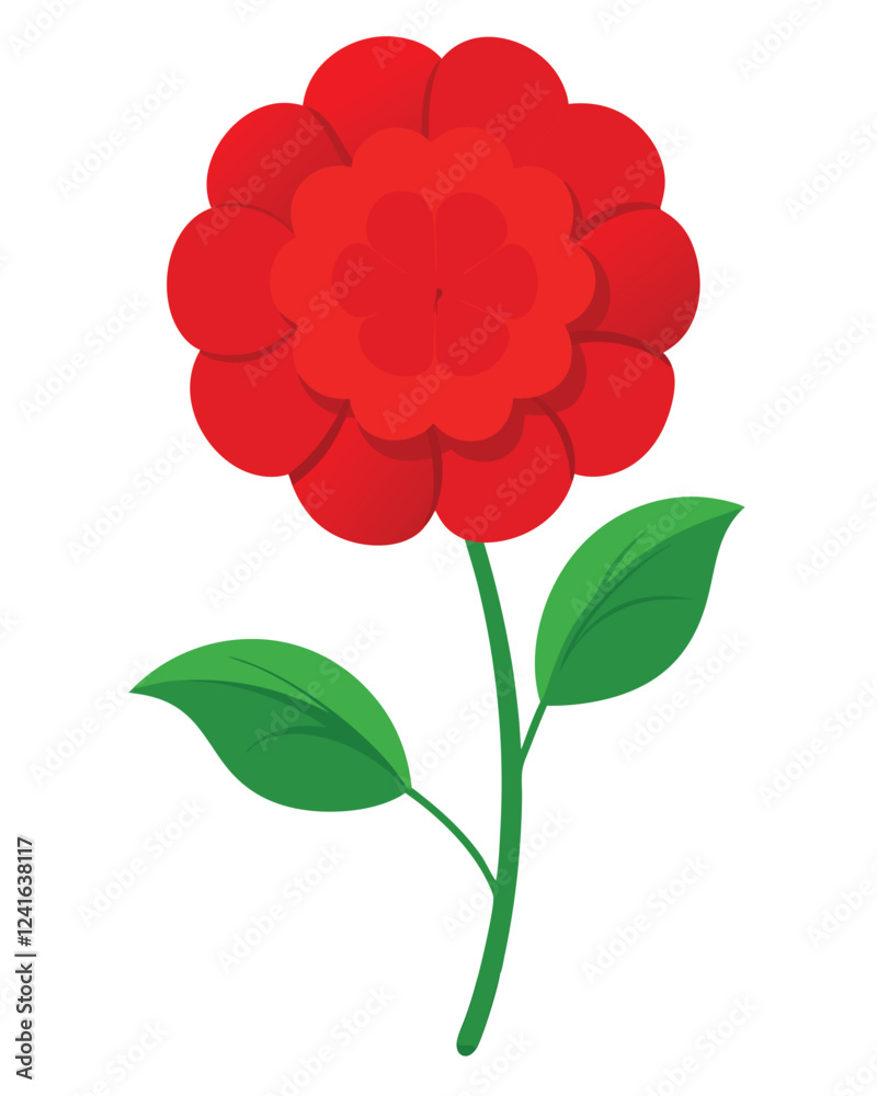 Obraz premium A vibrant red flower with layered petals and a green leaf, designed in a simple graphic style.