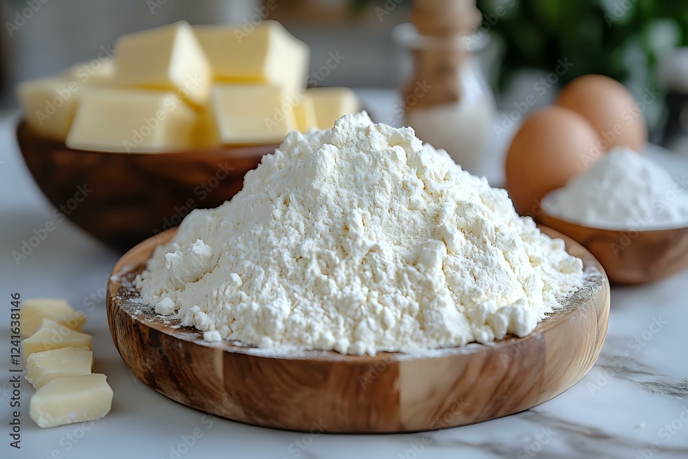 Fresh white flour in wooden bowl with baking ingredients including butter and eggs on marble surface, close up view of raw baking components. Fresh white flour in wooden bowl with baking ingredients including butter and eggs on marble surface, close up view of raw baking components.