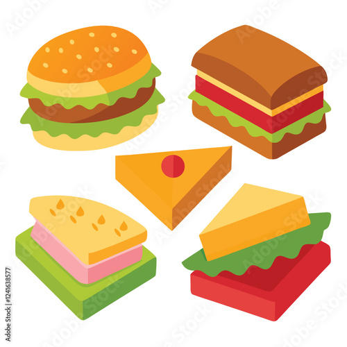 A colorful illustration of various fast food items including a burger and a slice of pizza.
