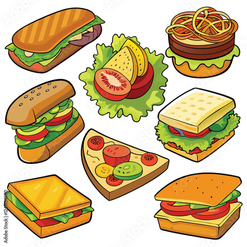 A colorful illustration of various sandwiches and fresh ingredients.