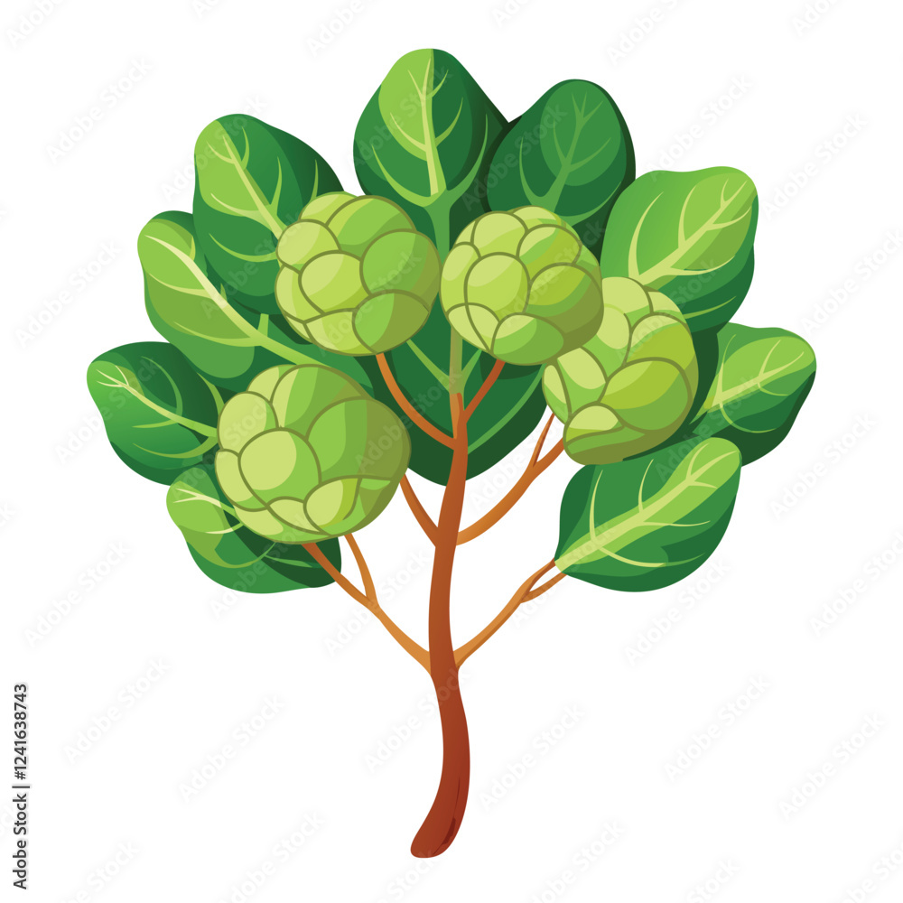 A vibrant illustration of green leaves and round buds, showcasing nature's beauty.