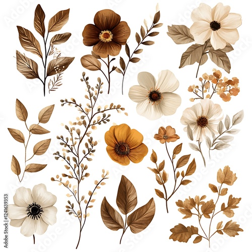Watercolor Illustration of Brown and Beige Flowers and Foliage