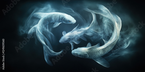 Five patronus style fish swim together in a figure eight with atmospheric glow
