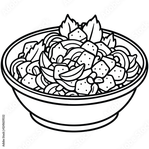 A black and white illustration of a salad with various ingredients and leaves.