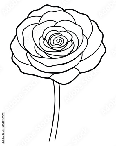 A black and white illustration of a blooming rose, emphasizing its intricate petal details.