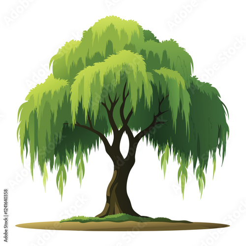 A stylized illustration of a lush tree with drooping leaves.