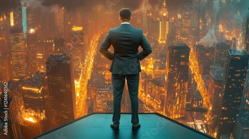 Businessman standing on rooftop admiring night cityscape with hands on hips