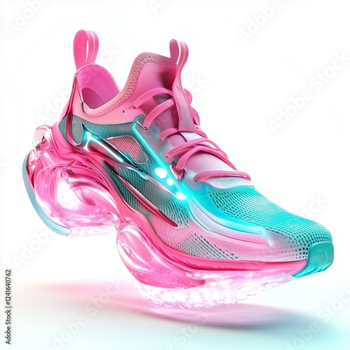 A pair of futuristic running shoes with bubble gum pink and teal colors