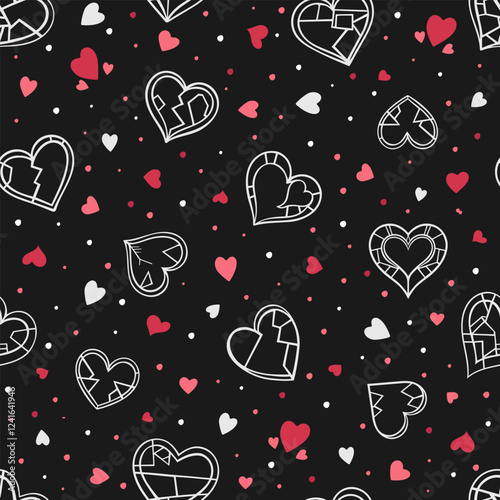 seamless pattern with doodle hearts for Valentines day. Endless romantic background with outlined hearts on black for textile, scrapbook, web, wrapping.