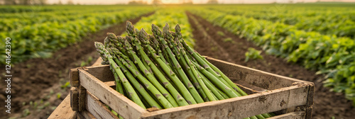 Freshly harvested asparagus in a sunny farm field