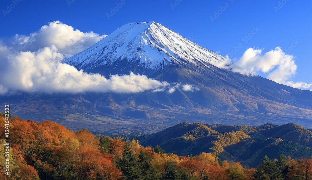 Naklejka premium A panoramic view of the dramatic clouds over Mount Fuji combines with desert hills