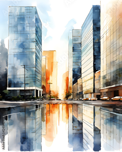 Office high-rise buildings in the center of urban construction. Drawn in watercolor style colors.