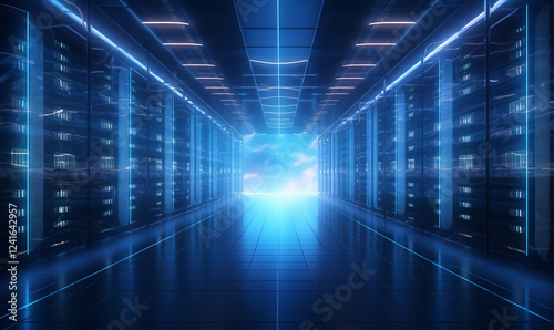 Shot of Data Center With Multiple Rows of Fully Operational Server Racks. Modern Telecommunications, Cloud Computing.