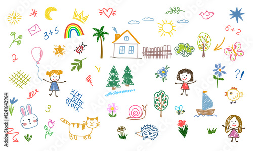Set hand drawn kids doodles. Hand drawn simple kids fun decorations. Colorful collection of doodles kids, house, flowers, sun, bugs, butterfly, hedgehog, cat, bunny clouds arrows, lines