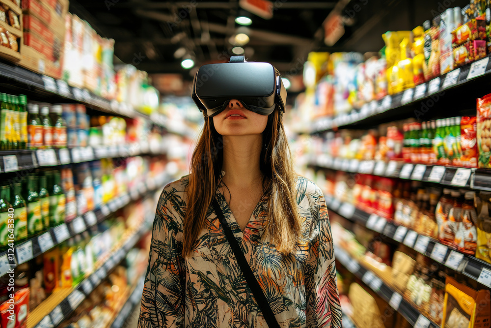 custom made wallpaper toronto digitalmarketer using VR headset in grocery store aisle, exploring virtual shopping experiences. vibrant shelves are filled with various products, creating engaging atmosphere