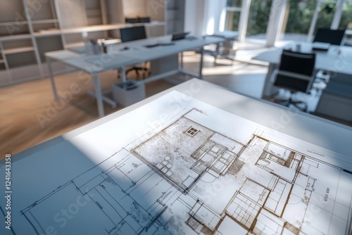 Architectural blueprint of a modern office space design, showcasing workstations and layout.