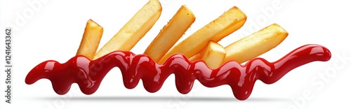 of floating french fries with ketchup splashes, isolated on white