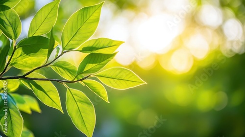 Sunlit green leaves on a branch, blurred bokeh background, fresh spring foliage.