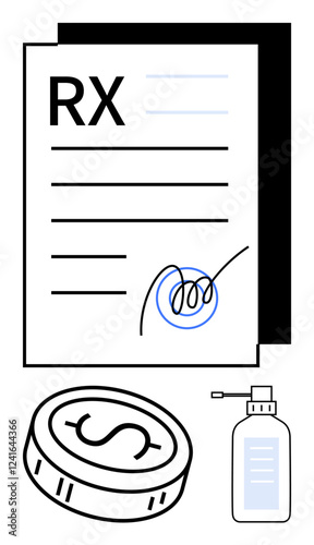 Medical prescription signed, coin with dollar sign, and medication bottle. Ideal for healthcare, pharmaceuticals, finance, insurance, medication costs prescriptions medical advice. Line metaphor