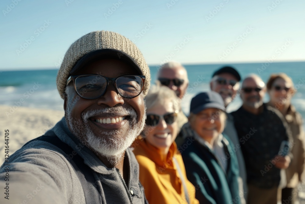 Smiling diverse group of seniors taking a selfie on the beach Smiling diverse group of seniors taking a selfie on the beach