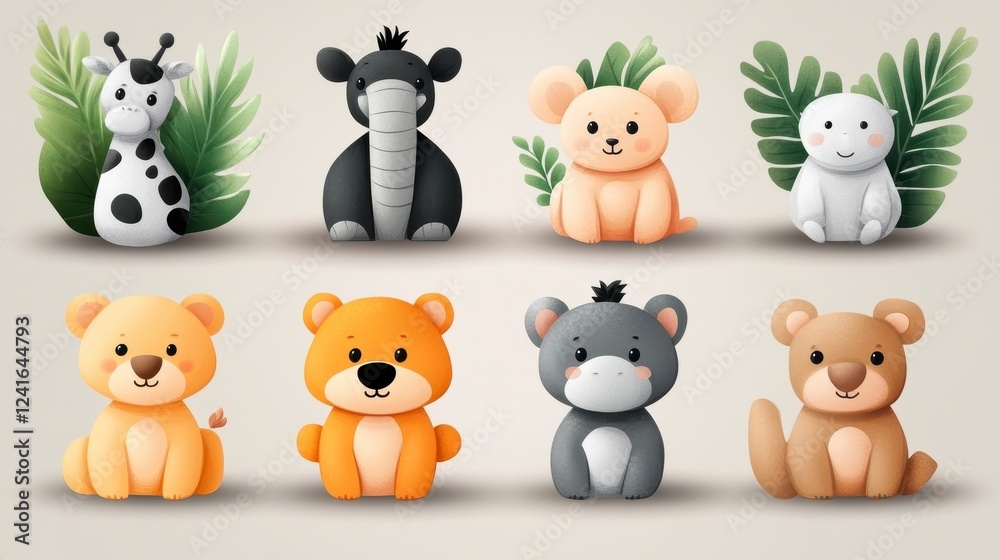 Fototapeta premium Cute Cartoon Animals with Green Foliage Background for Kids Design