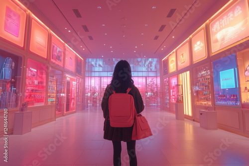 woman with pink backpack stands in vibrant, modern retail space filled with colorful displays and products. atmosphere is surreal and inviting, showcasing consumer choices