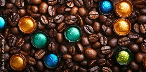 roasted coffee beans and metallic colored chocolate candies. photo