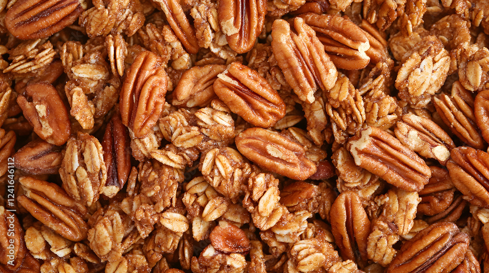 Pecan and maple syrup granola with a crunchy texture and sweet, caramelized flavor. Pecan and maple syrup granola with a crunchy texture and sweet, caramelized flavor.