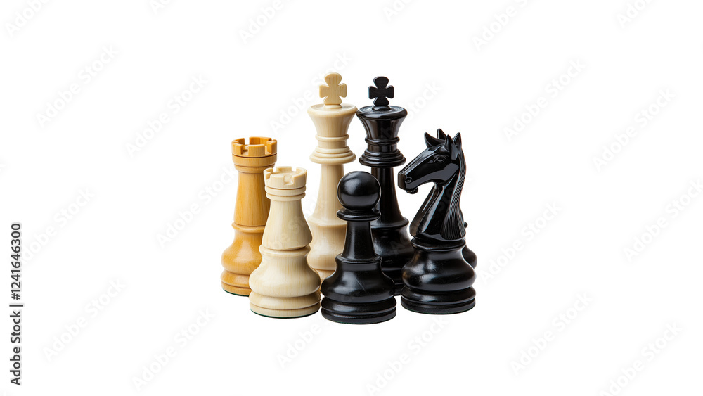 Chess pieces in black and white, showcasing knight, rook, and king, symbolize strategy and competition. Perfect for game enthusiasts and educational materials,white isolated background Chess pieces in black and white, showcasing knight, rook, and king, symbolize strategy and competition. Perfect for game enthusiasts and educational materials,white isolated background