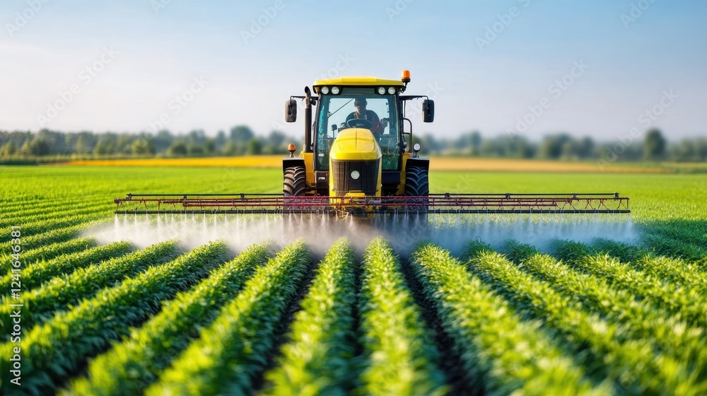 Yellow tractor spraying crops in a field, under a blue sky on a sunny day. Yellow tractor spraying crops in a field, under a blue sky on a sunny day.