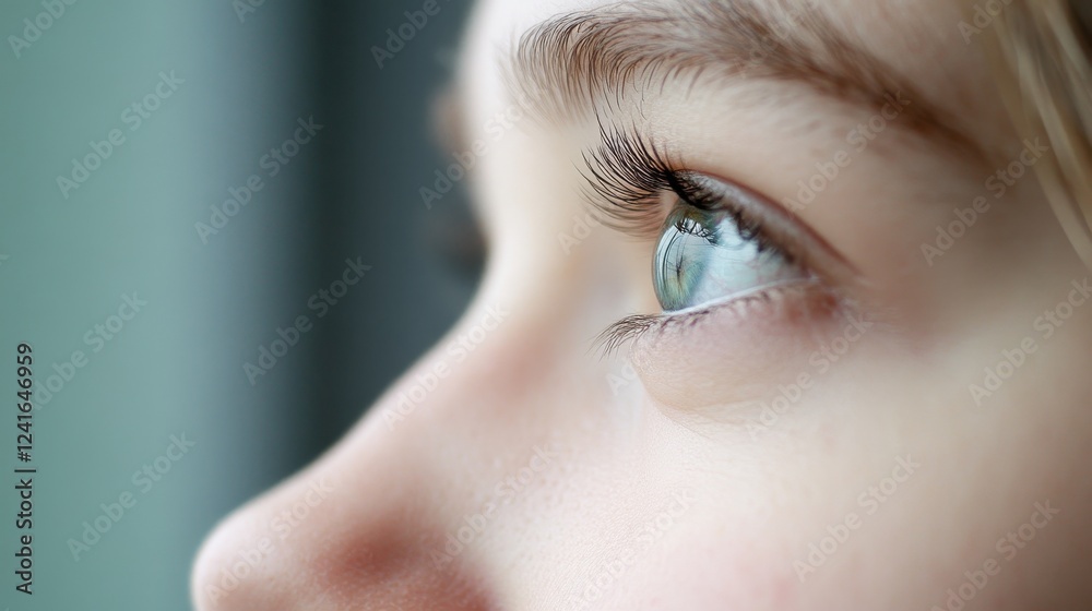 Fototapeta premium Close-up of a child's eye looking away, reflecting light, peaceful expression.