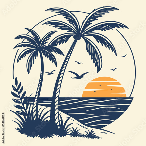 Tropical sunset landscape vector illustration
