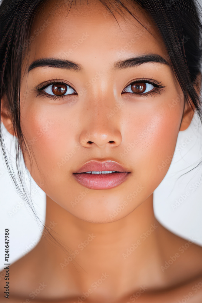 Fototapeta premium close up portrait of young woman with wheat colored skin and open eyes, showcasing natural beauty and serene expression. Her flawless complexion and subtle makeup enhance her features