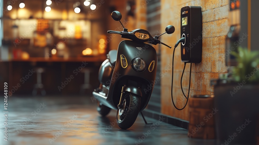 Electric scooter charging near wall mounted station, blending into contemporary urban cafe environment with soft focus background highlighting mobility trend