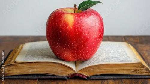 A shiny red apple resting on an open book, symbolizing knowledge and education in a cozy setting