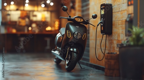 Obraz na płótnie Electric scooter charging near wall mounted station, blending into contemporary urban cafe environment with soft focus background highlighting mobility trend w salonie