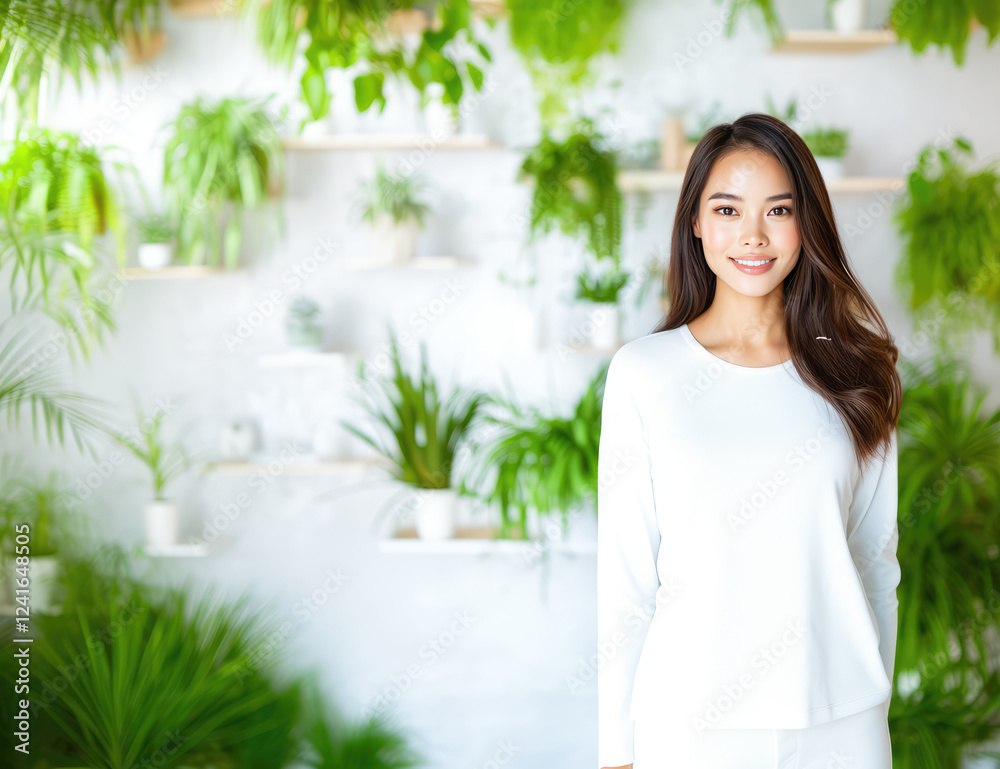 candid photo of thai young woman in bright, plant filled space, showcasing greenery and serene atmosphere. woman is smiling, dressed in light outfit, embodying sense of calm and joy candid photo of thai young woman in bright, plant filled space, showcasing greenery and serene atmosphere. woman is smiling, dressed in light outfit, embodying sense of calm and joy