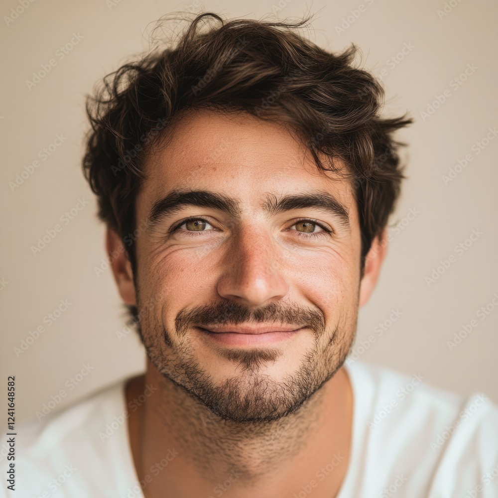 Smiling man with dark curly hair in a white shirt sitting against a neutral background, radiating warmth and confidence. Generative AI Smiling man with dark curly hair in a white shirt sitting against a neutral background, radiating warmth and confidence. Generative AI