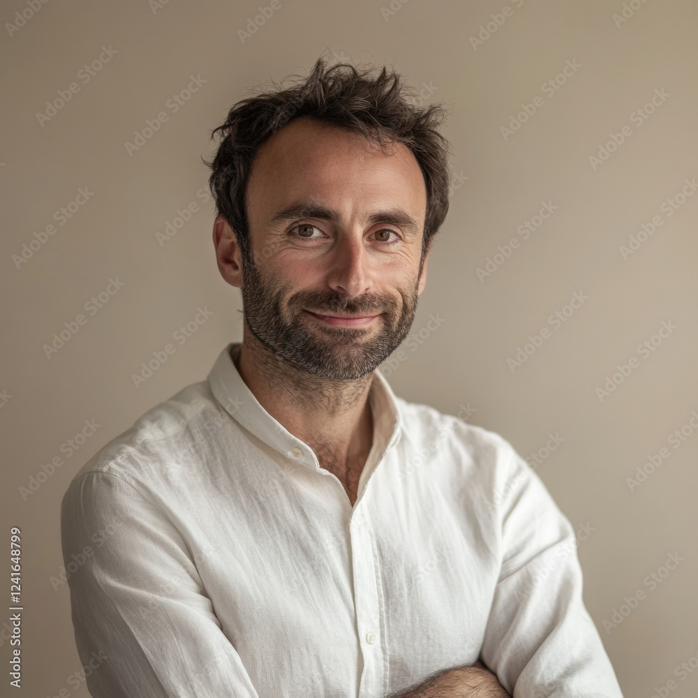 Man with beard smiles while standing with arms crossed in a neutral-toned room during daylight hours. Generative AI Man with beard smiles while standing with arms crossed in a neutral-toned room during daylight hours. Generative AI