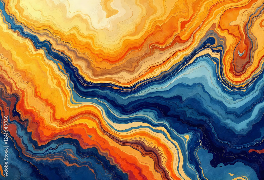 Abstract fluid art with wavy lines in orange, blue, and yellow – modern, vibrant, and textured design Abstract fluid art with wavy lines in orange, blue, and yellow – modern, vibrant, and textured design