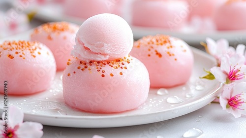 Pink mochi dessert with ice cream, spring blossoms