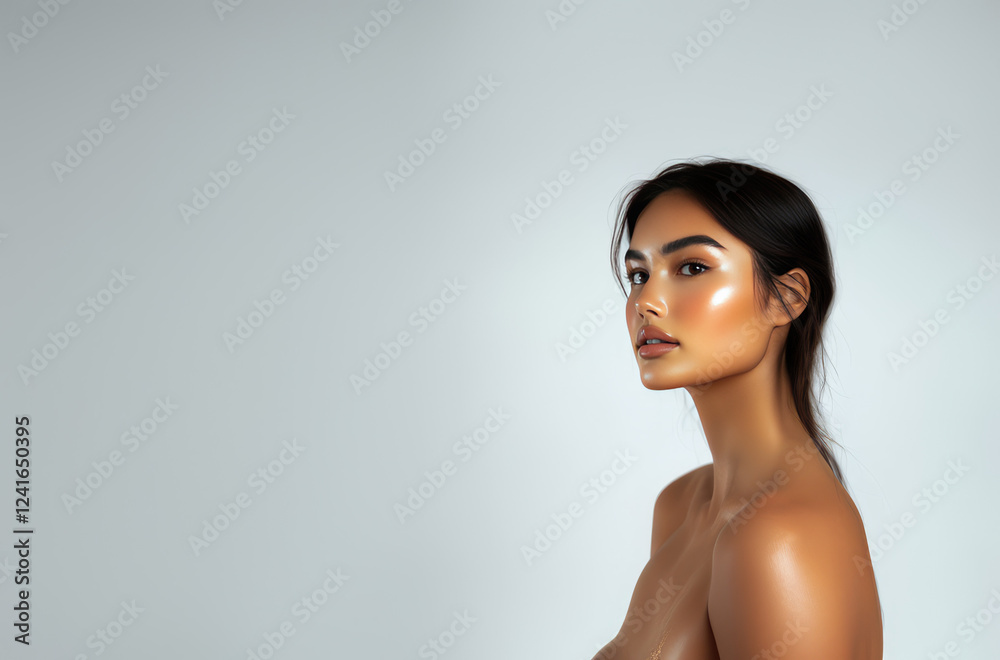 Obraz premium stunning portrait of asian hawaiian mixed races woman with glowing skin and long dark hair, showcasing side profile against soft gray background. image captures beauty and elegance