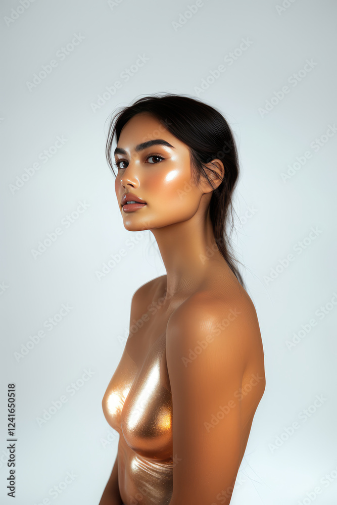 Obraz premium stunning asian hawaiian mixed races model with glowing skin poses elegantly against neutral background, showcasing radiant look. golden tones SKIN plain white back ground