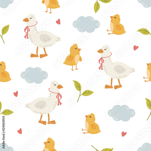 Easter seamless pattern, egg, bunny, cake, chicken, plants vector